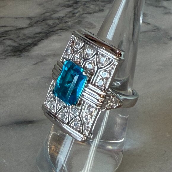 Yours By Loren Sterling Silver Blue Quartz and White Zircon Art Deco Style Ring
